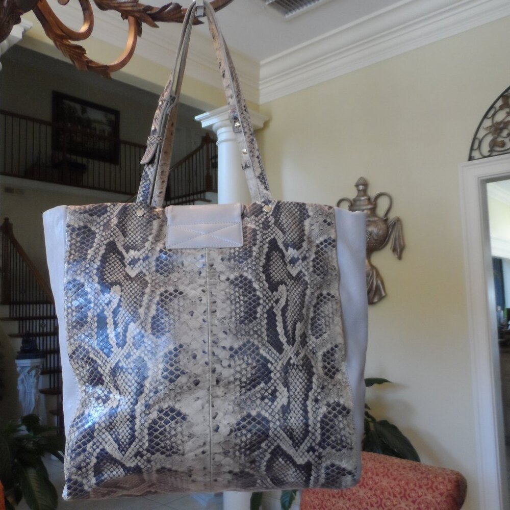 Lanvin Taupe/Beige Python Embosed Lamb Leather To… - image 2